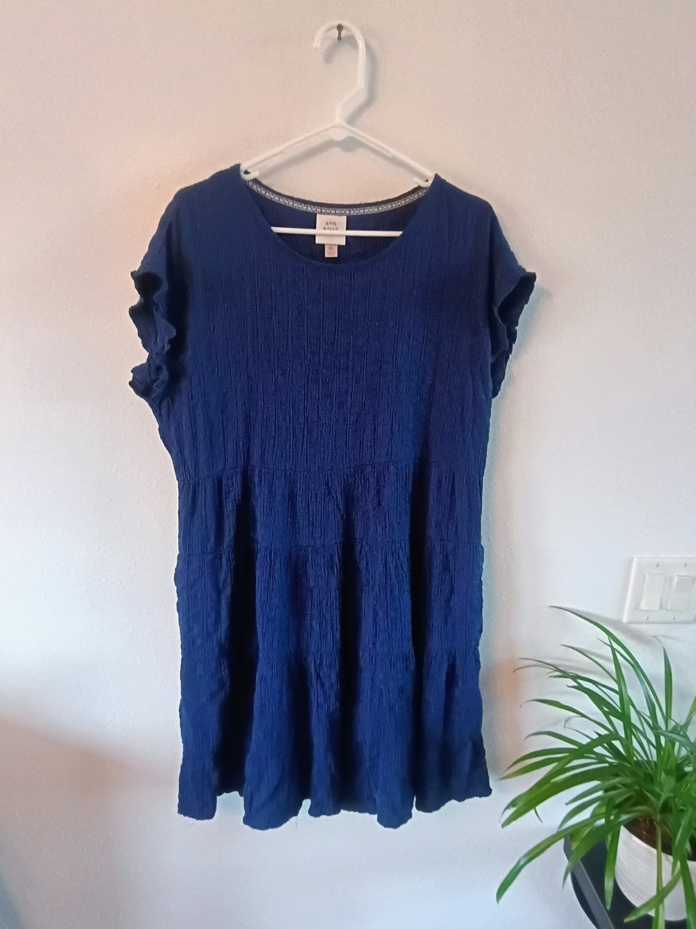 Knox Rose Navy Blue Dress XL Tiered Ruffle Sleeve Crinkle Boho Prairie Flowy